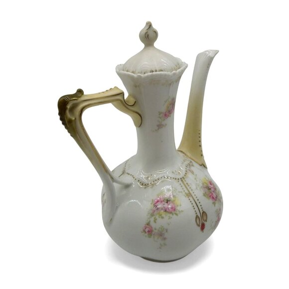 Antique RS PRUSSIA Porcelain Chocolate Pot Pink Floral & Gold Trim 8.6" - Picture 5 of 14